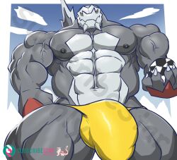 abs anthro areola baxcalibur biceps bulge claws generation_9_pokemon grey_body hi_res male male_only masterelrest muscular muscular_anthro muscular_male nintendo nipples pecs pokemon pokemon_(species) smile smiling_at_viewer solo vein veiny_muscles