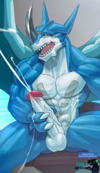 1boy 3_fingers abs anthro balls bandai_namco big_penis bodily_fluids cum cumshot digimon digimon_(species) ejaculation erection exveemon fingers genital_fluids genitals hi_res humanoid_genitalia humanoid_penis looking_at_viewer male male_only masturbation muscular muscular_male penile penile_masturbation penis sitting solo todex