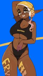 1girls asymmetrical_hair blue_background body_markings body_writing breasts brown_skin dark-skinned_female dark_skin facial_markings female frye_(splatoon) grin hips huge_breasts inkling long_ears medium_hair naughty_face nintendo one-piece_swimsuit pointy_ears pointy_teeth simple_background smile splatoon splatoon_(series) splatoon_3 suggestive_look swimsuit tentacle_hair thick_thighs thighs underboob voluptuous wide_hips yellow_hair yuta_agc