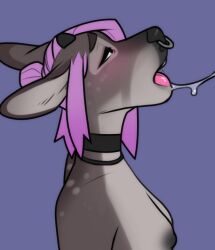 ambiguous_fluids anthro areola blush breasts facial_piercing female hair hair_bun horn lundi nipples nose_piercing nose_ring open_mouth piercing pink_hair purple_background ring_piercing simple_background solo tongue unknown_species