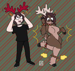 2021 anthro anthropomorphic antlers breasts brown_fur brown_hair cervid cervine christmas deer_antlers deer_ears deer_girl deer_tail freckles furry furry_breasts gender_transformation glasses hooves jingle_bell_collar jingle_bell_harness reindeer transformation zal-cryptid