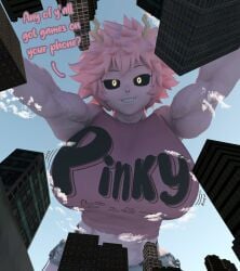 1girls 3d abs asking_a_question bending_over black_sclera city giantess kamicamie looking_at_viewer looking_down macro midriff mina_ashido muscles muscular muscular_arms muscular_female my_hero_academia pink_eyes pink_hair pink_shirt shounen_jump smug tagme text yellow_eyes