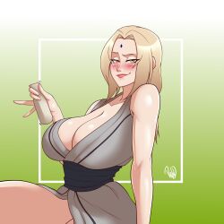 big_breasts blonde_hair blush bottle bottomless breasts brown_eyes drink drunk female female_only gilf holding_object huge_breasts large_breasts looking_at_viewer mature mature_female mature_woman milf naruto naruto_(series) naruto_shippuden naughty naughty_face naughty_smile no_bra no_panties parvad sake sake_bottle smile smirk solo solo_focus thick_thighs tsunade voluptuous voluptuous_female