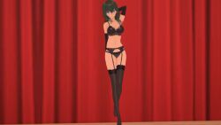 3d arms_up aura_crestel blender blue_eyes dark_skin green_hair hourglass_figure lingerie long_hair looking_at_viewer original_character red_background saint's_land solo_female stockings