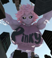 1girls 3d 3d_(artwork) abs bending_over city giantess kamicamie looking_at_viewer looking_down midriff mina_ashido muscular_female my_hero_academia pink_eyes pink_hair pink_shirt shounen_jump smug tagme