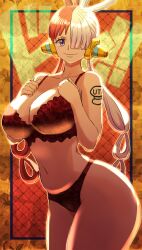 bikini bikini_top breasts curvy curvy_body curvy_female curvy_figure curvy_hips curvy_thighs didd_ley female female_only hand_on_breast looking_at_viewer multicolored_hair one_piece one_piece_film_red smile smiling smiling_at_viewer solo two_tone_hair uta_(one_piece)