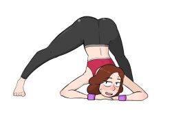 2021 alternate_version_available arm_warmers blush brown_hair garbageman hilda_(series) jack-o_pose johanna_(hilda) netflix sports_bra sweat white_background yoga_pants