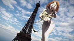 1girls 3d bra braless eiffel_tower giantess happy kamicamie my_hero_academia ochako_uraraka panties reaching_out shounen_jump tagme throwing