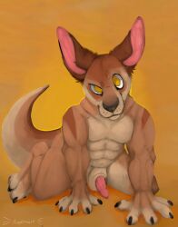 abs all_fours animal_genitalia anonimouse anthro balls bedroom_eyes claws erection genitals hi_res kangaroo kneeling looking_at_viewer macropod male male/male mammal marsupial muscular narrowed_eyes paws penis seductive solo