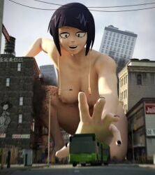 1girls 3d 3d_(artwork) building_destruction bus city city_destruction destruction excited giantess happy kamicamie kyoka_jiro looking_down macro my_hero_academia naked naked_female nude nude_female reaching_out shounen_jump tagme