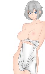 big_breasts blue_eyes looking_at_viewer mole_under_eye nipples original_artwork original_character saint's_land seductive_look sen_mizunagi short_hair short_hair_female white_clothing white_hair