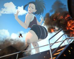 1girls 3d ass ass_focus explosion giantess irony kamicamie looking_at_viewer looking_down military momo_yaoyorozu my_hero_academia peace_sign ship shounen_jump tagme