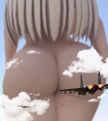 1girls 3d airplane backside big_butt blonde_female blonde_hair cloud giantess kamicamie long_hair macro mount_lady my_hero_academia naked shounen_jump smiling smug tagme thick_thighs yuu_takeyama