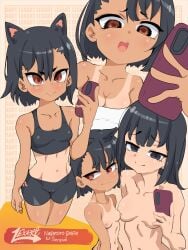 2girls areolae big_breasts black_hair breasts brown_eyes cameltoe clothed clothing female female_focus female_only hayase_nagatoro huge_breasts lexart_thighzzzz looking_at_viewer medium_hair misaki_nagatoro multiple_girls navel nipples nude open_mouth phone please_don't_bully_me,_nagatoro pose revealing_clothes selfie sisters smile sports_bra sportswear tan tan_skin tanned watermark