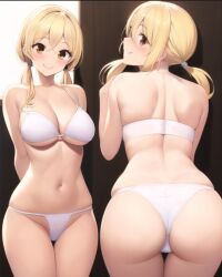 ai_generated ass ass_focus big_ass big_breasts blonde_hair brown_eyes cleavage fairy_tail female female_only lace lace-trimmed_panties lingerie lucy_heartfilia mirror nai_diffusion room small_panties underwear white_bra white_lingerie white_panties white_underwear