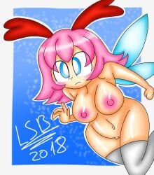 1girls blue_eyes blush breasts fairy fairy_wings kirby_(series) lsr lsr_(artist) nintendo nipples nude pink_hair ribbon ribbon_(kirby) stockings