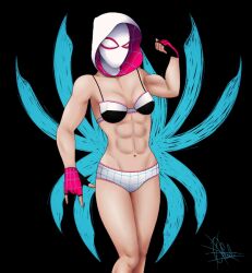 1girls abs arm_up athletic athletic_female bra breasts cleavage female female_only fingerless_gloves gloves gwen_stacy hood human human_only light-skinned_female light_skin marvel marvel_comics mask muscular muscular_female panties self_upload skar_drag small_breasts solo solo_female spider-gwen spider-man_(series) standing superheroine underwear underwear_only white_clothing white_panties