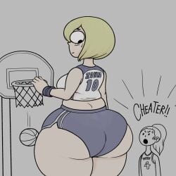 2girls angry artist_request basketball basketball_(ball) basketball_uniform big_butt blonde_female blonde_hair breasts embarassed giantess looking_back mini_giantess no_background ponytail short_hair size_difference sweatdrop thick_thighs vendant