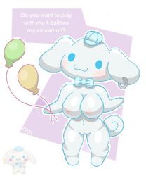 :3 adorable balloon balloons big_breasts big_ears blue_eyes blue_hat canine cinnamon_(cinnamoroll) cinnamoroll cinnamoroll_(series) dog_girl dog_paws dog_tail genderbend gentle guessing pink_nipples rule_63 sanrio short white_fur white_paws white_tail wholesome