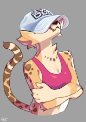 2020s 2023 akino_(kemokin_mania) breasts cap cheek_tuft cheetah chest_tuft claws cute elbow_tufts feline female female_only furry furry_only hiding_face kemokin_mania navel oversized_cheetah_hat paws shoulder_tuft signature small_breasts sportswear spotted_body spotted_fur tail