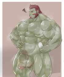 balls bara big_balls big_penis eorzea_riley facial_hair green_skin male male_only muscles muscular musk orc penis solo solo_male sweaty