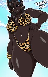 beach big_breasts big_thighs bikini bikini_top black_body black_hair daken_(artist) daken_henderson(artist) dark-skinned_female diana leopard_print_bikini milf original original_character