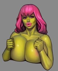 1girls alraune big_breasts boobsgames covering_nipples flower_girl_(warlock_and_boobs) green_skin lips long_hair looking_at_viewer nude pink_hair pink_lipstick shiny_skin warlock_and_boobs