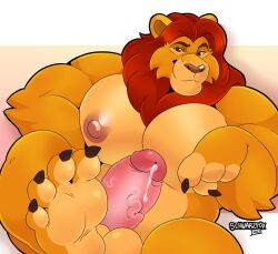 2023 4_fingers 4_toes anthro anthrofied areola artist_name balls barazoku biceps big_pecs bodily_fluids claws digital_media_(artwork) disney erection eyebrows feet felid finger_claws fingers foreskin fur genital_fluids genitals glans hi_res humanoid_genitalia humanoid_penis lion male male_only mammal mane mufasa muscular muscular_anthro muscular_male nipples nude pantherine pecs penis precum retracted_foreskin schwarzfox smile soles solo tan_body tan_fur the_lion_king thick_penis toe_claws toes vein veiny_penis