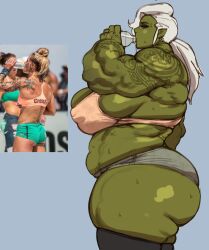 1girls abs ass biceps big_ass big_breasts bottle breasts bubble_butt drinking female female_only green_skin musclegut muscular muscular_female nipple_bulge orc orc_female original original_character photo_reference real_person reference_image shorts side_view slightly_chubby solo sports_bra strongfat sweat tattoo thick_thighs thunder_thighs tod0231 water white_hair wide_hips workout_clothes