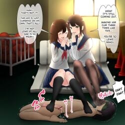 1boy 2girls bisexual cbt clothed_female_nude_male dominant_female english_text femdom foot_fetish foot_focus footjob hard_translated hisano original school_uniform