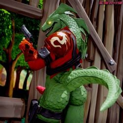 1:1 1boy 2023 3d 3d_(artwork) anthro anus artist_name ass big_butt biped digital_media_(artwork) dragon epic_games erection fortnite gay genitals glowing glowing_eyes green_body green_scales gun handgun hi_res holding_gun holding_object holding_weapon hybrid_(fortnite) looking_at_viewer looking_back looking_back_at_viewer male open_mouth outside penis pinup pistol plant pose ranged_weapon scales scalie solo standing teeth tongue tree weapon wingless_dragon