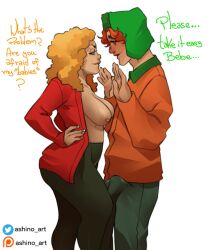 1boy 1girls aged_up artist_name ashino_art bebe_stevens blonde_hair blush bulge english_text female flashing_breasts green_eyes green_hat hand_on_hip hat jacket kyle_broflovski large_breasts narrowed_eyes nipples orange_jacket patreon_username red_hair red_jacket smile south_park text twitter_username