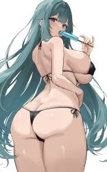 1girls aqua_hair ass bikini black_bikini blue_eyes breasts eating female huge_breasts ice_cream light-skinned_female light_skin long_hair looking_at_viewer oekakizuki original original_character simple_background thighs