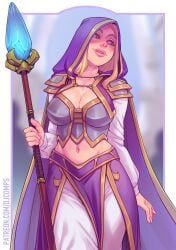 1girls belly belly_button blonde_hair blue_eyes blush boob_window breast_plate breasts cape cleavage clothed djcomps female female_only fizzz hood jaina_proudmoore long_hair looking_away staff tagme world_of_warcraft