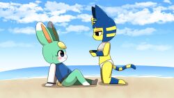 2021 animal_crossing ankha ankha_(animal_crossing) anthro beach black_eyes blue_eyes blue_hair blush bondage breasts bunny_ears bunny_tail clothed clothing duo felid feline felis female fur furry furry_only male nintendo paws pubic_tuft rabbit sasha_(animal_crossing) small_breasts sum sweat tail teal_body yellow_body yellow_hair