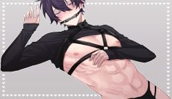 1boy 2d 2d_(artwork) abs athletic blush blushing_at_viewer bondage bondage_harness bone_gag ear_piercing femboy gag gagged indie_virtual_youtuber kita2254mkenja male male_focus male_only muzzle_(object) nipples purple_eyes shoto shoto_(vtuber) straps straps_across_chest submissive_male virtual_youtuber vtuber