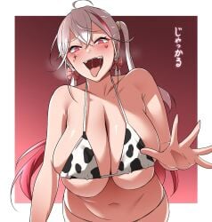 1girls bikini cow_print cow_print_bikini female female_only goddess_of_victory:_nikke huge_breasts jackal_(nikke) light-skinned_female light_skin looking_at_viewer monorisu open_mouth pink_eyes solo tongue tongue_out