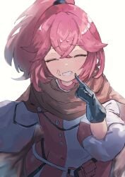 1girls after_fellatio after_oral anna_(fire_emblem) anna_(fire_emblem_engage) black_gloves brown_cape cape closed_eyes cola_bcde dress facial female female_only finger_to_face finger_to_own_chin fire_emblem fire_emblem_engage gloves grin hair_in_mouth long_sleeves medium_hair nintendo oral pink_hair ponytail pubic_hair pubic_hair_in_mouth red_hair smile solo two-tone_dress upper_body white_background white_dress