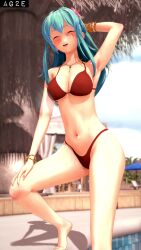 1girls 3d ag2e alternate_costume armpits bare_legs bikini blue_hair breasts cleavage closed_eyes day eirika_(fire_emblem) eirika_(summer)_(fire_emblem) female female_only fire_emblem fire_emblem:_the_sacred_stones flower hair_flower large_breasts legs long_hair nintendo open_mouth outdoors pool red_bikini red_swimsuit smile solo swimsuit underboob wet