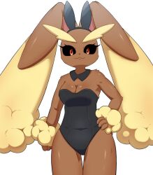 2022 :3 anthro anthro_only black_sclera breasts brown_body brown_fur bunny_ears bunny_girl cleavage collar eyelashes female female_only fur furry furry_only generation_4_pokemon looking_at_viewer lopunny medium_breasts navel_visible_through_clothes nintendo pokémon_(species) pokemon pokemon_(species) pokemon_dppt red_eyes simple_background solo sum yellow_fur