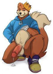 1boy anthro balls bedroom_eyes big_penis blue_eyes blush bodily_fluids bottomless clothed clothing clothing_lift conker conker's_bad_fur_day crown dipstick_tail dripping erection fluffy fluffy_tail footwear foxxylatte fur genital_fluids genitals gloves handwear headgear hi_res kneeling kneeling_on_one_leg looking_at_viewer male male_only mammal markings narrowed_eyes orange_body orange_fur penis precum precum_drip rareware rodent sciurid seductive shirt shirt_lift shoes signature simple_background smile smirk solo tail tail_markings tan_body tan_fur topwear tree_squirrel vein veiny_penis