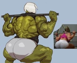 1girls ass barbell biceps big_ass bubble_butt female female_only green_skin muscular muscular_female orc orc_female original original_character real_person reference_image shorts slightly_chubby solo sports_bra squatting strongfat sweat thick_thighs thunder_thighs tod0231 weightlifting white_hair wide_hips workout workout_clothes