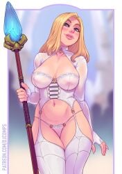 1girls blonde_hair blue_eyes blushing djcomps fizzz jaina_proudmoore lingerie magic_user see-through_clothing stockings suspenders tagme world_of_warcraft