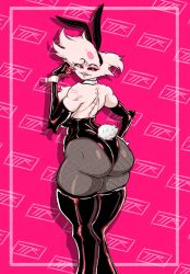 1boy angel_dust_(hazbin_hotel) big_ass big_butt bunny_ears bunny_tail bunnysuit chest_tuft collar eyebrows eyelashes eyeliner eyeshadow fat_ass femboy fishnets hazbin_hotel kojoarts looking_at_viewer looking_back male male_only naughtypaw_(artist) pink_eyes sharp_teeth thighhigh_boots thighhighs ttherandom tthrandom tthrandom_rp tuft white_fur white_hair