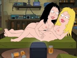 2girls accurate_art_style american_dad blonde_hair breasts duchess_(artist) electronics female francine_smith hayley_smith human incest milf mother mother_and_daughter multiple_girls nipples pale_skin tagme television yuri