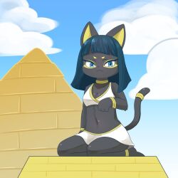 2022 :< anthro blue_eyes blue_hair bracelets breasts clothed clothing collar egyptian egyptian_clothes egyptian_makeup elbow_tufts feline female female_only fur furry furry_only furry_specific_accessory grey_fur leg_bracelet looking_at_viewer navel on_knees pyramid small_breasts solo sum tail tail_bracelet