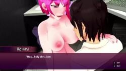 1boy 1girls 3d animated bangs big_breasts black_hair clothed_male_nude_female clothing duo duo_focus english_text kinky_fridays light-skinned_female light-skinned_male monika_(under_contract) pink_hair pink_nipples red_eyes richard_(under_contract) short_hair sound tagme text under_contract video