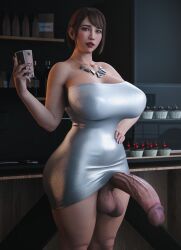 1futa 3d asian asian_futanari casual_exposure casual_nudity coffee coffee_cup coffee_shop curvaceous dress dress_lift futa_only futanari hand_on_hip huge_breasts iced_latte_with_breast_milk iced_latte_with_dick_milk ineffective_clothing light-skinned_futanari necklace penis ryuu_ga_gotoku saeko_mukouda semi-erect silver_dress solo stevencarson voluptuous wide_hips