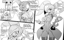 3koma 4_eyes 5girls :) :o ;) alma_(pochincoff) android animal_ears blush bunny_ears cameltoe chibi closed_eyes comic dialogue elly_(pochincoff) english_text erect_nipples erect_nipples_under_clothes facial_markings female female_only greyscale hand_on_hip heart helmet hi_res high_resolution highres horns hybrid iota_(pochincoff) jewelry looking_at_another looking_at_viewer looking_to_the_side monochrome multi_eye multiple_girls nipples no_mouth open_mouth orca_(pochincoff) original peace_sign pochincoff ponytail robot robot_girl smile speech_bubble sword text tied_hair translated una_(pochincoff) v weapon wink