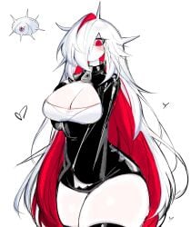 anthro black_clothing blush breasts cleavage collar collared_shirt heart hi_res long_hair looking_at_viewer multicolored_hair nintendo pokemon pokemon_(species) pulling_clothing silcoon thick_thighs thighs usa37107692 zipper